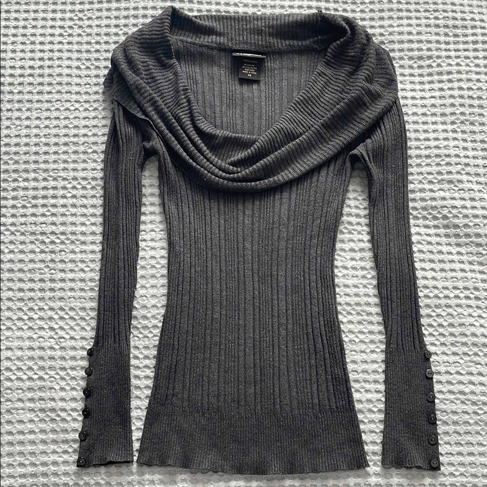 Gray Ribbed Cowl Neck Sweater